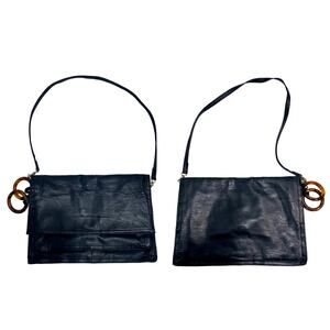 70s MOD Navy Faux Leather Flap Bag Clutch w Tortoise Rings | 12 x 8.25 x 1.25"